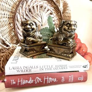 Vintage Brass Feng Shui Beijing Foo Fu Dog Guardian Door Bookends Statue Set 2